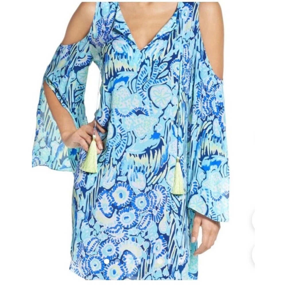 Lilly Pulitzer Tunic Dress Womens Sz M Blue Green Cold Shoulder Tassel Sea Life